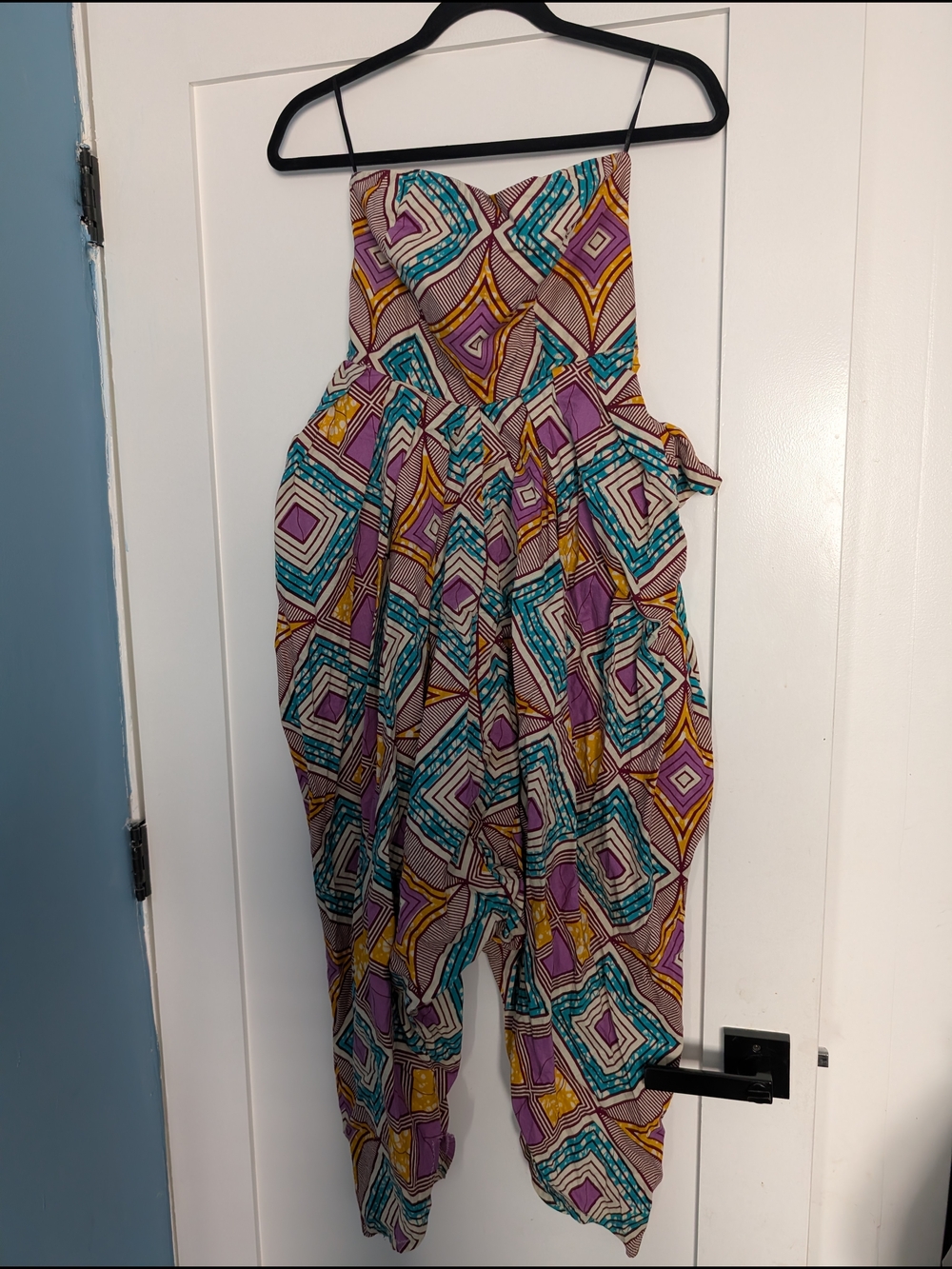 Printed Strapless Harem Jumpsuit in Teal, Purple & Yellow